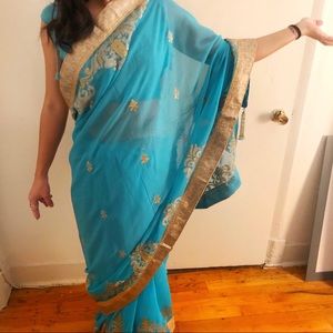Blue Turquoise Sari - fits S M 4 or 6
